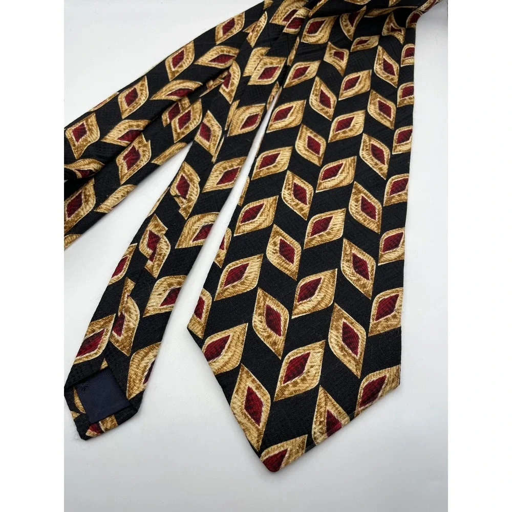 Brooks Brothers Makers Mens Silk Tie Black Gold Burgundy Geometric Diamond USA
